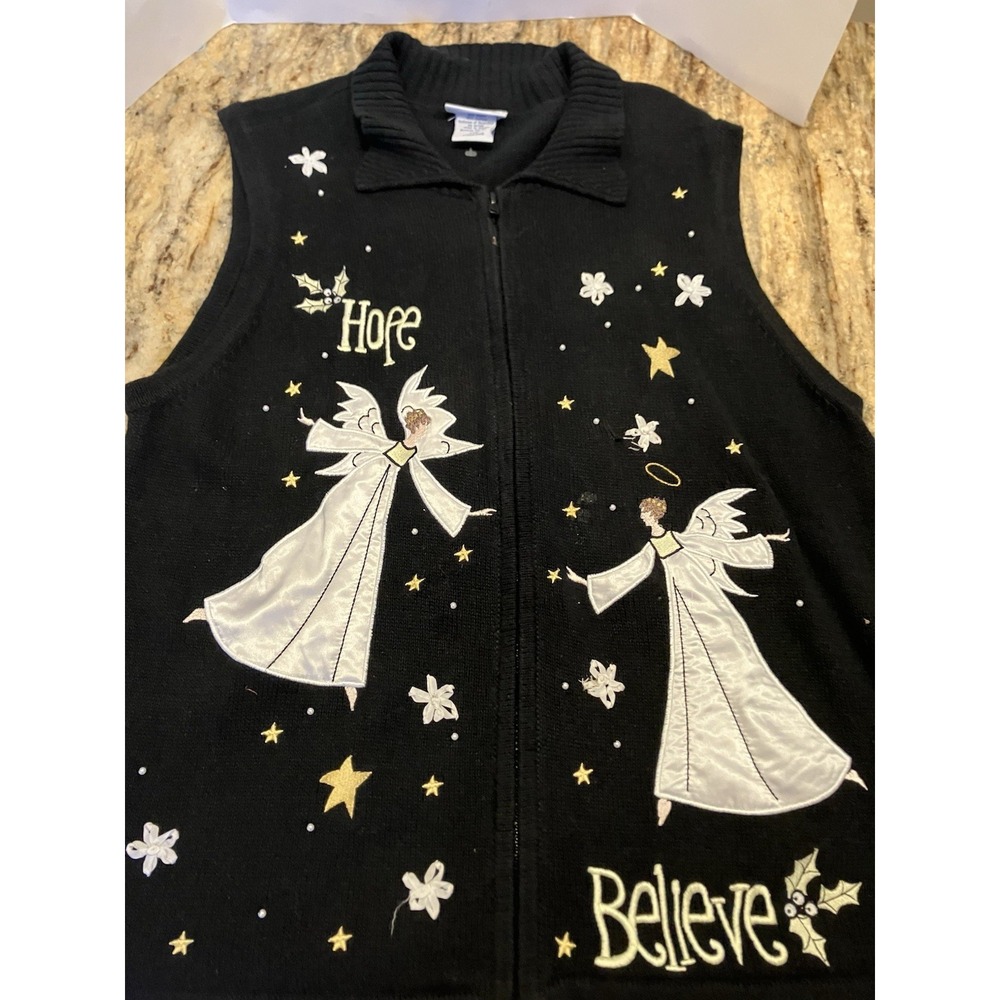 Y2K Preppy Knit Blair Angels Hope /Believe Christmas Sweater Vest Black Zip